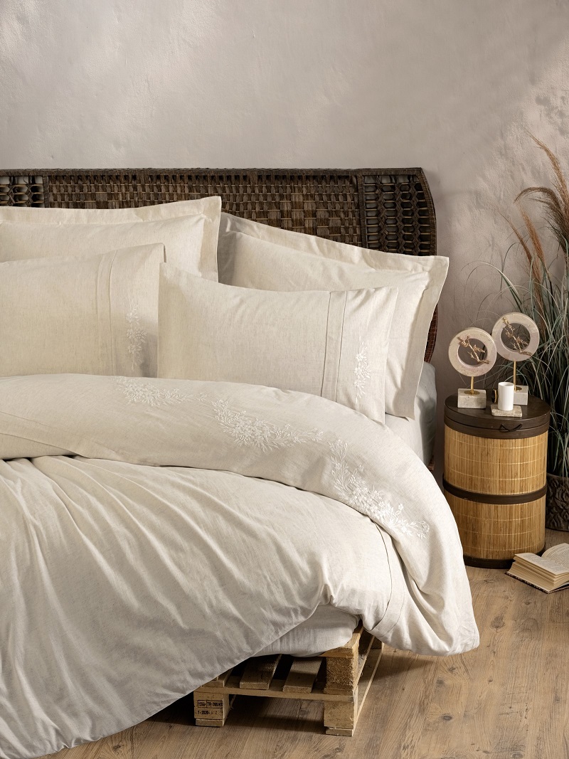 ست کاوری گلدوزی شده لینن کرم کتان باکس