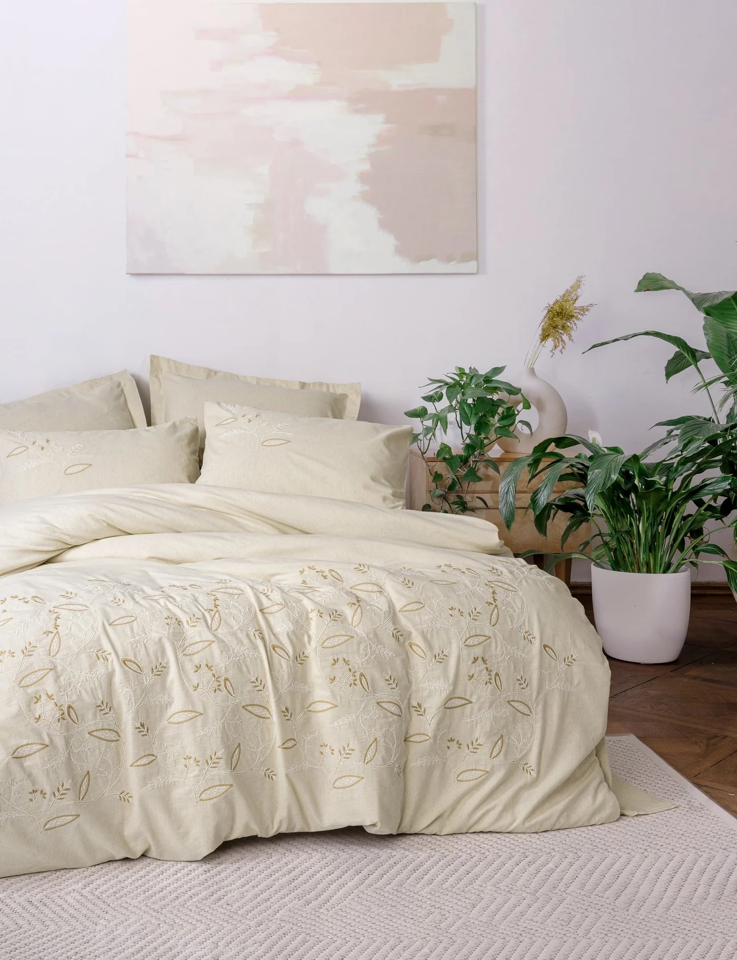 ست کاوری گلدوزی شده لینن کرم کتان باکس